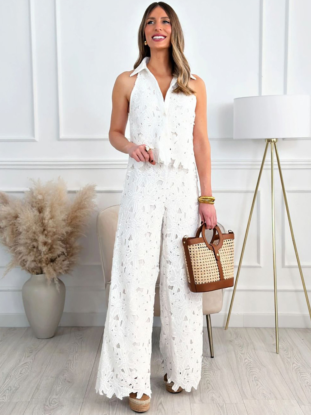 bebe Self Designed Shirt Collar Top With Trousers Co-Ords Set