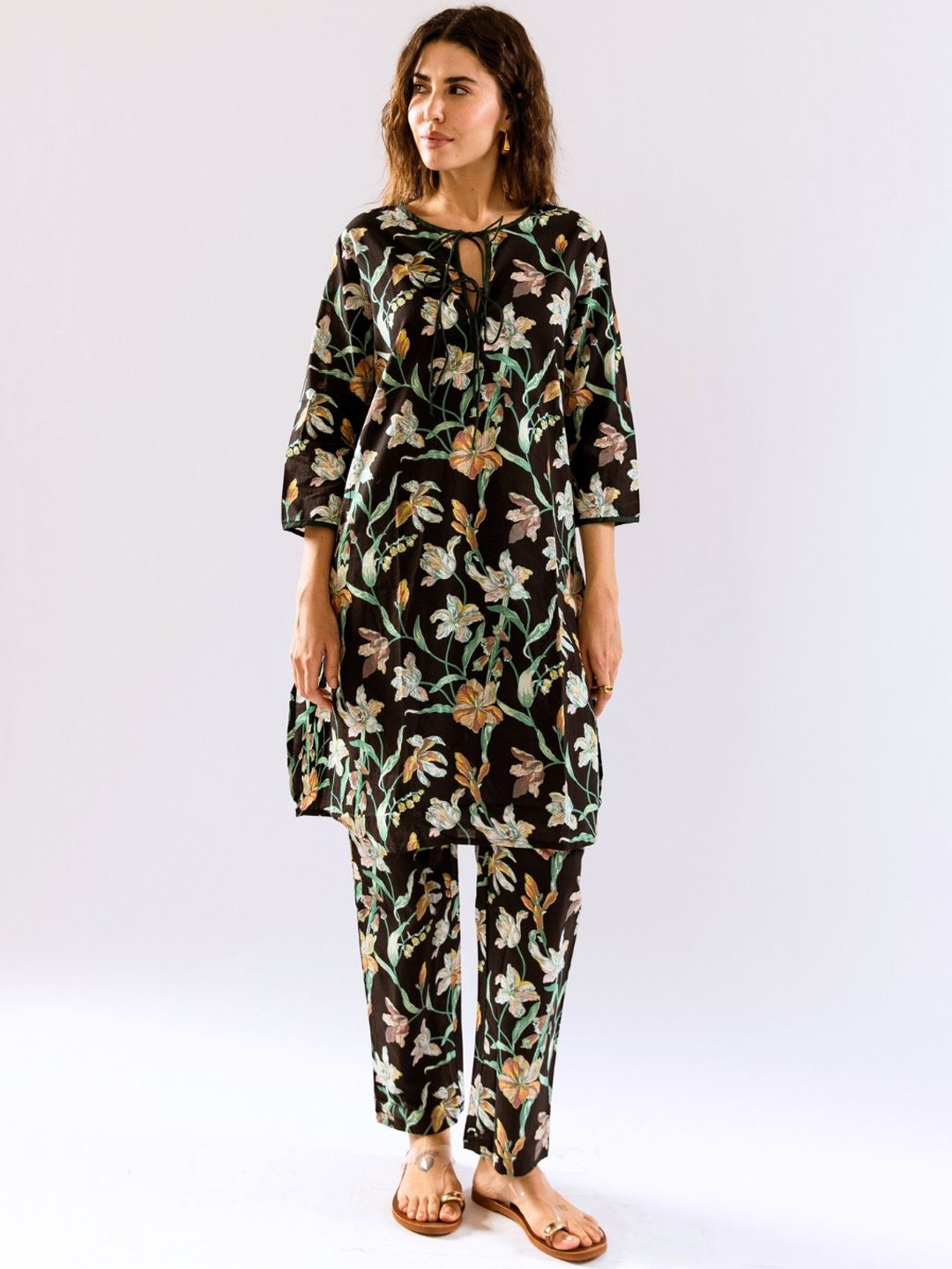 FEATHERS CLOSET Black Whimsy Lily Printed Dori Tie Up Cotton Co-Ord Set