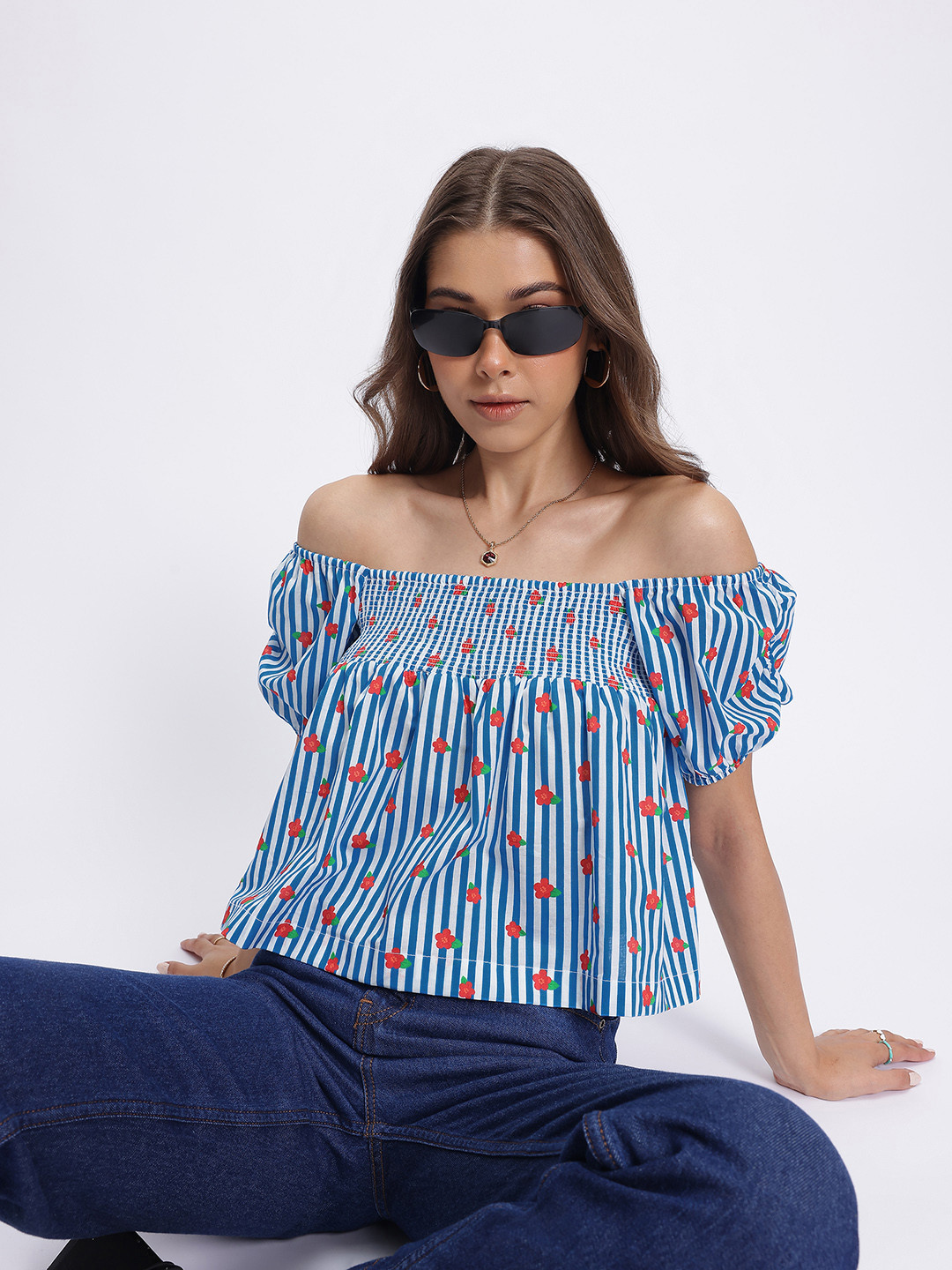 glitchez Stripe Florals Smocked Bardot Top