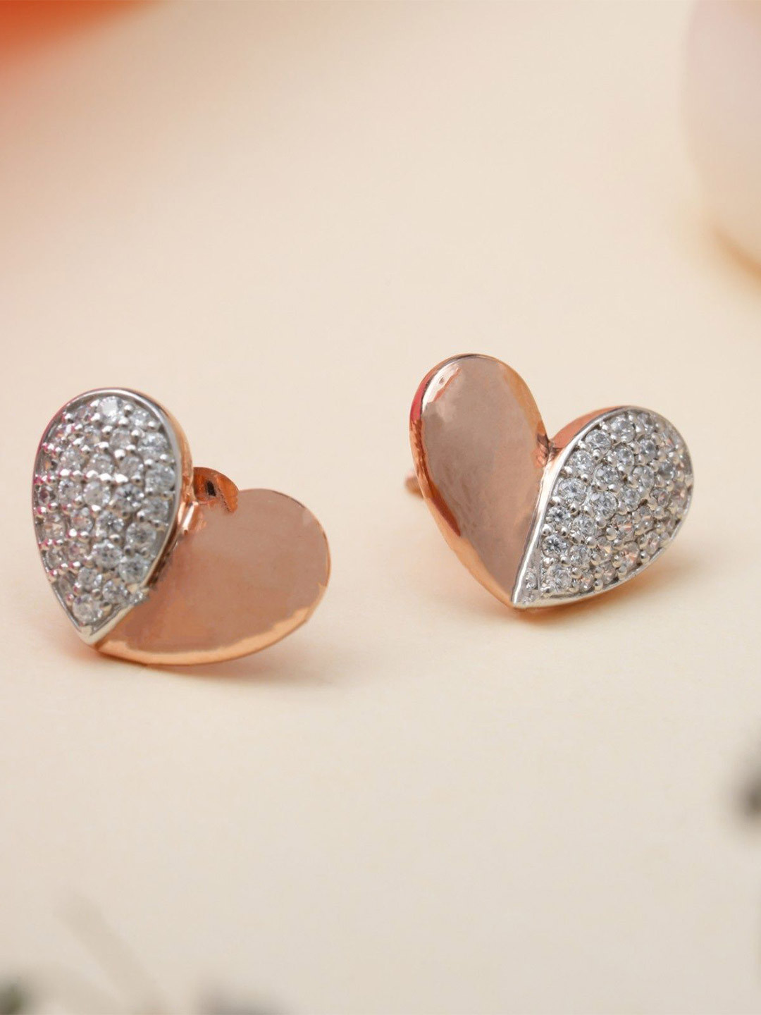 Orebella 925 Sterling Silver 18K Gold Plated Cubic Zirconia Studded Heart Shape Studs