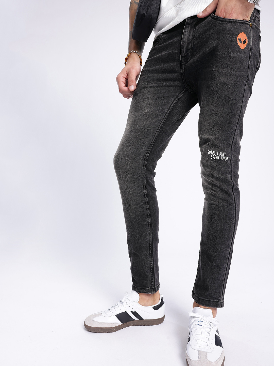 glitchez Men Skinny Fit Printed Faded Stretchable Jeans