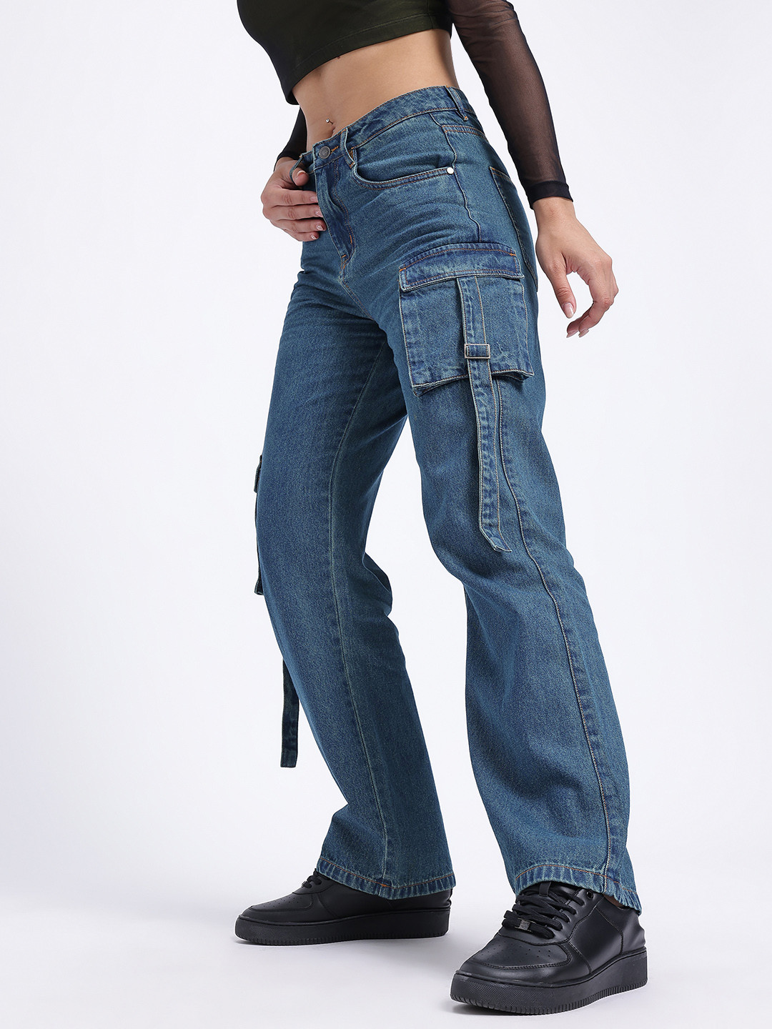 glitchez Women Utility Chic Straight Fit Cargo Style Jeans