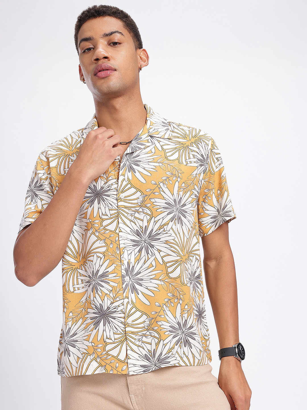 glitchez Floral Print Bowling Relaxed Fit Shirt