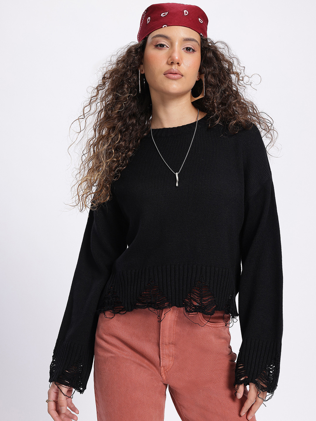 glitchez Solid Round Neck Distressed Sweater