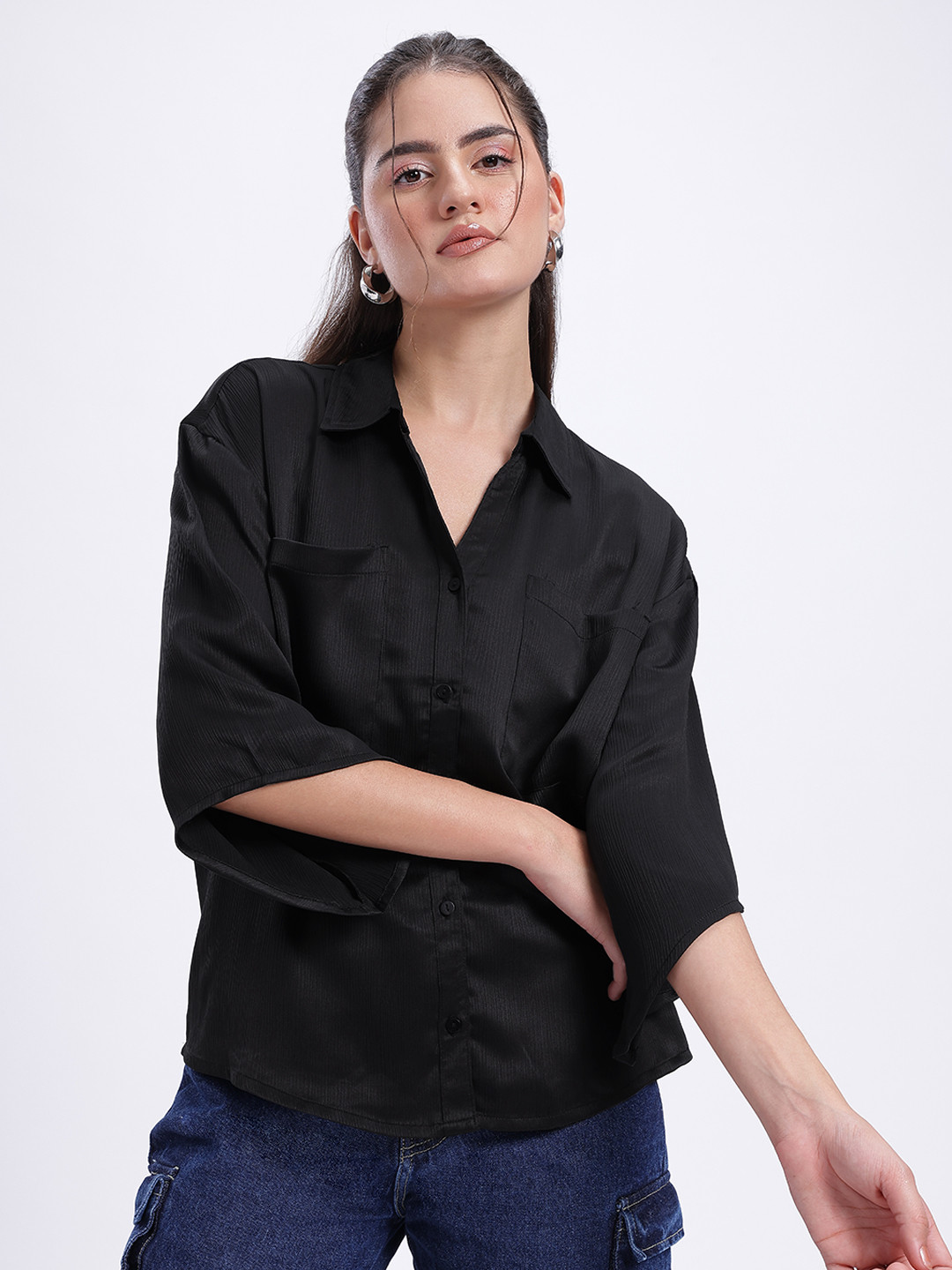 glitchez Crinkle Crush Sleeves Oversized Shirt