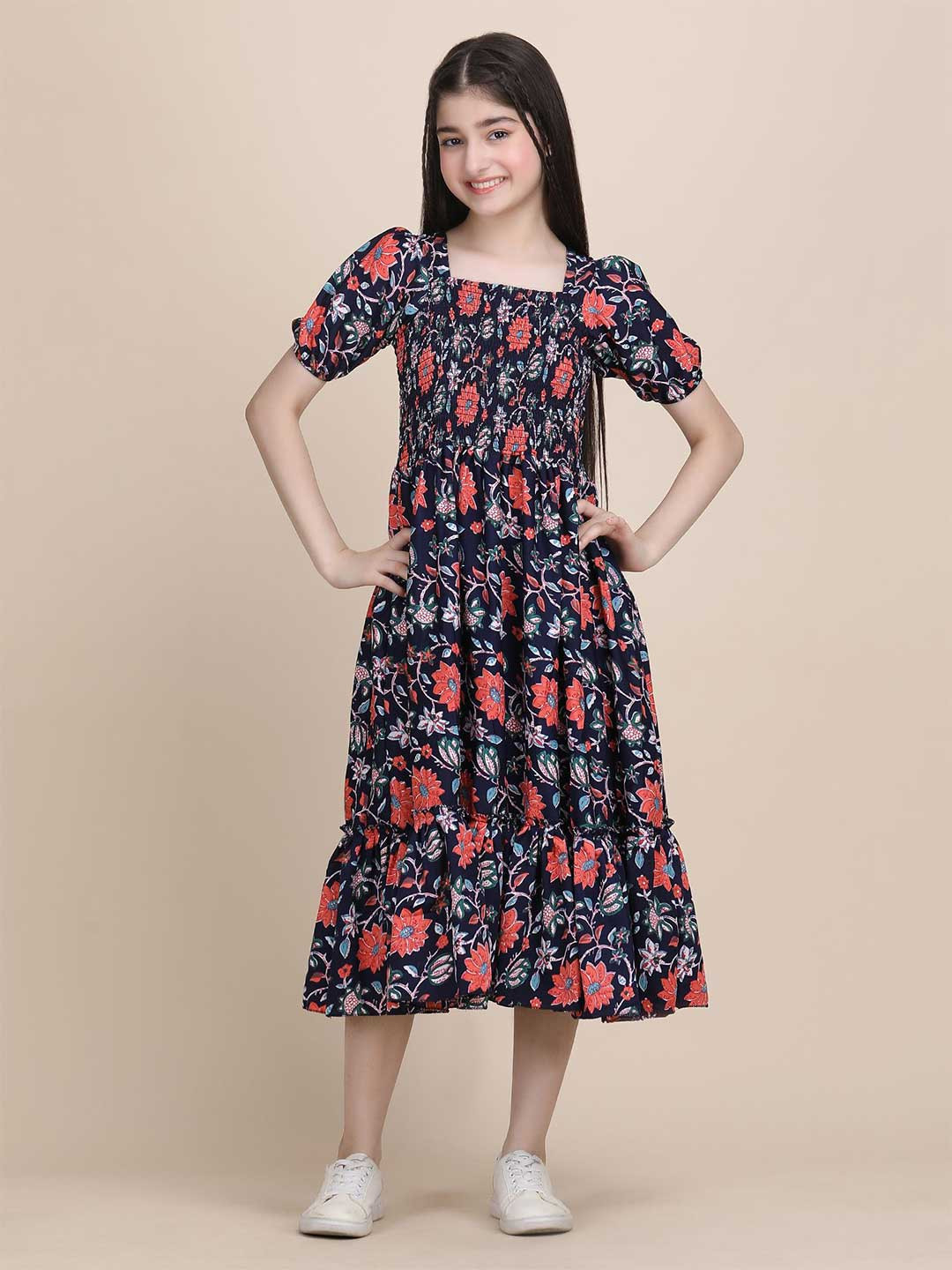 PaheliRani Girls Floral Printed Smocked Fit And Flare Midi Dress