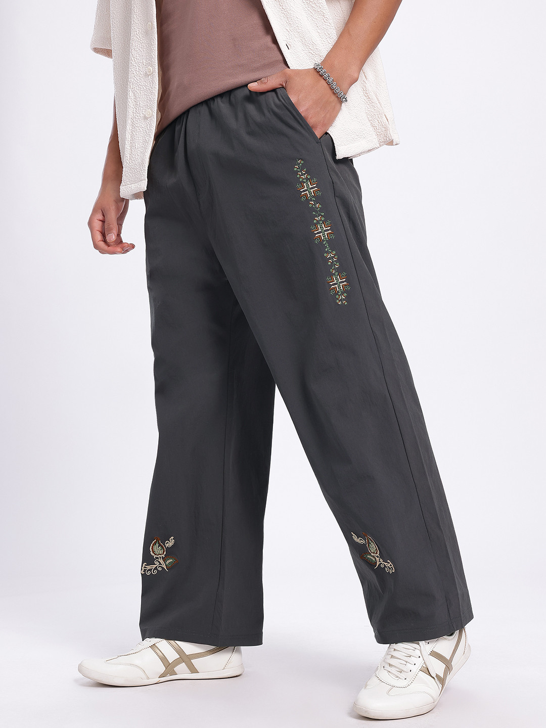 glitchez Men Street Snitch Embroidered Wide Leg Trousers