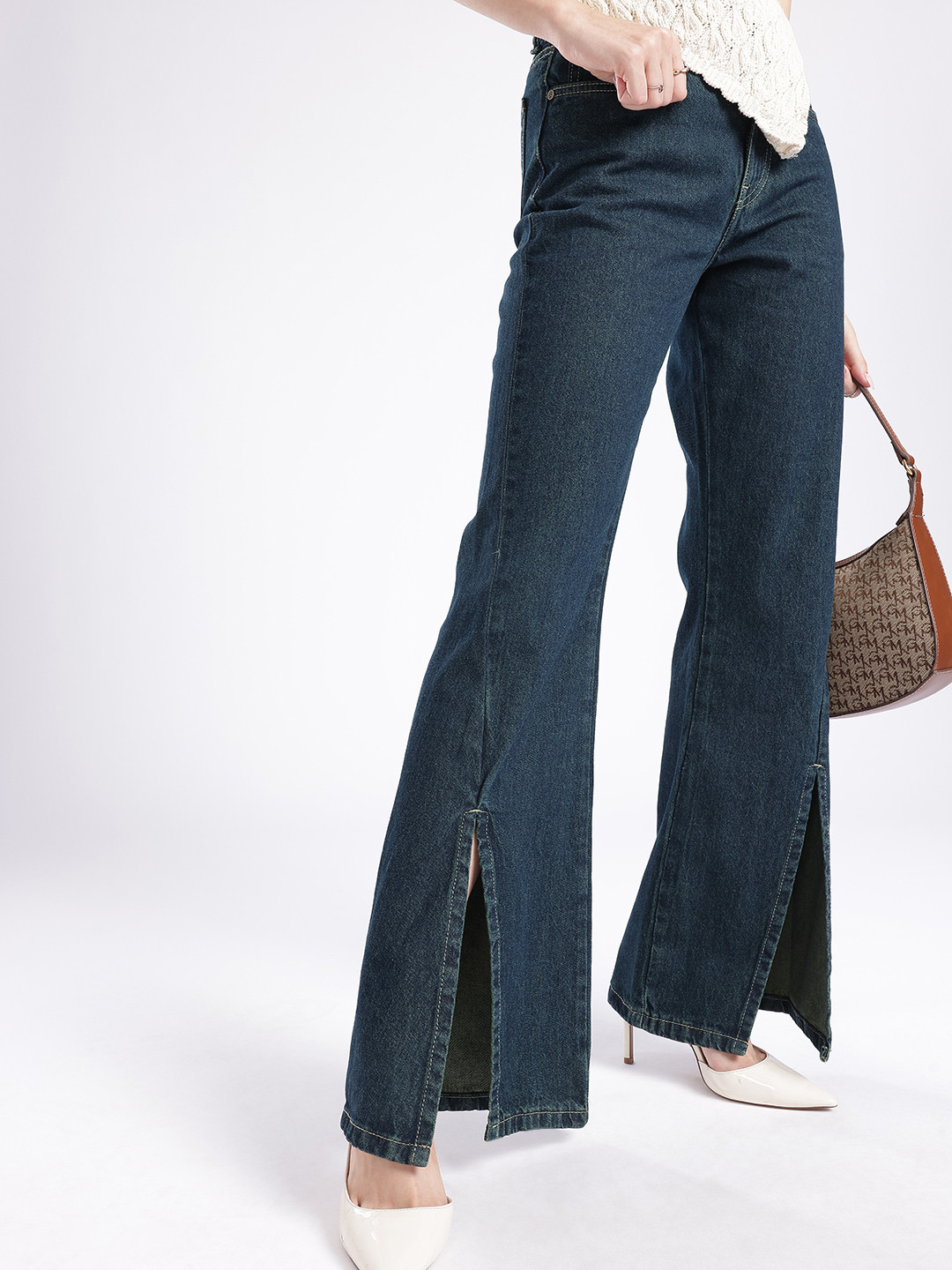 glitchez Women Slit Hem Slim Flared High-Rise Jeans