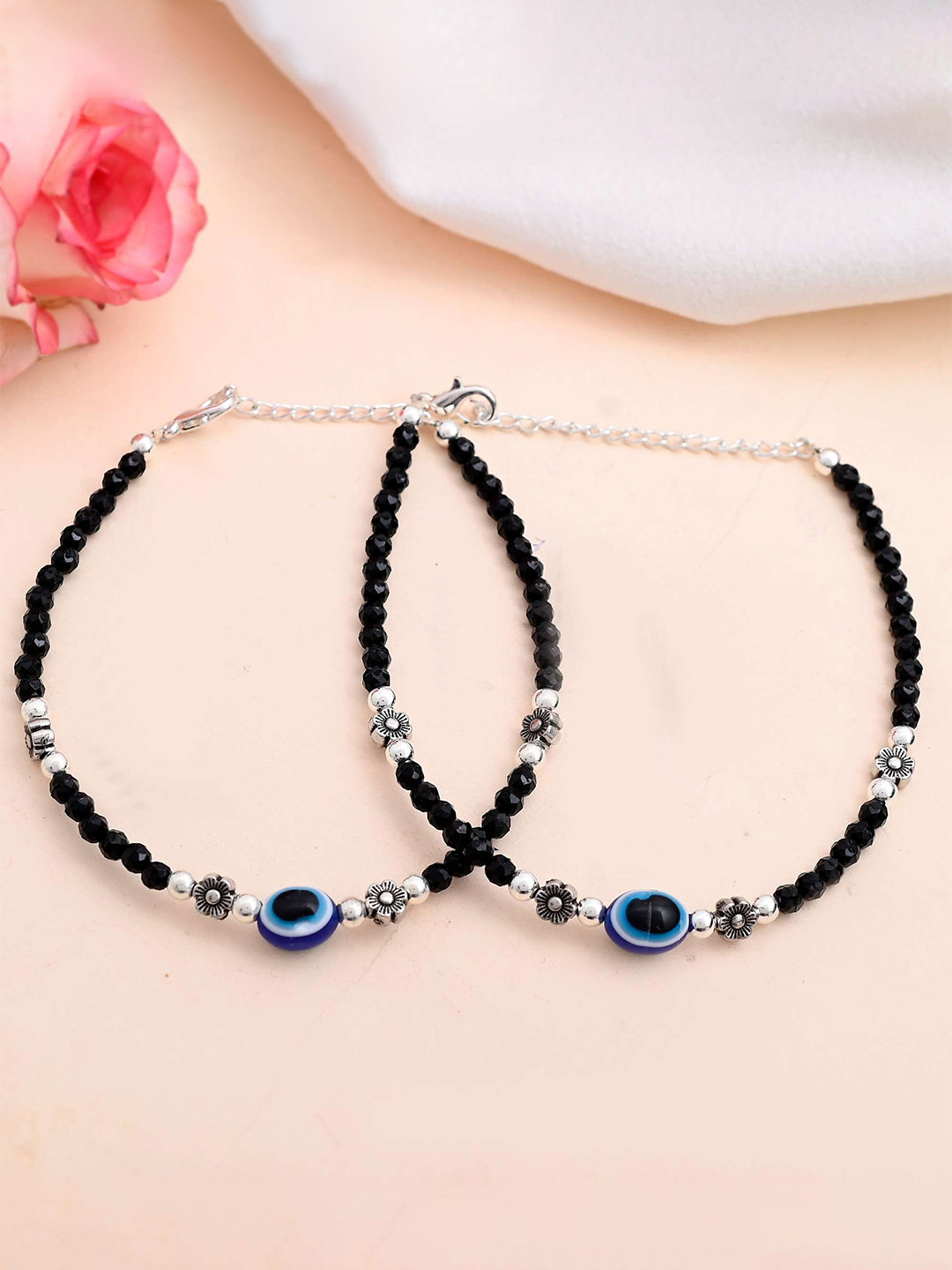 DIVASTRI Set Of 2 Sttainless Steel Silver-Plated Artificial Stones Beaded Anklet