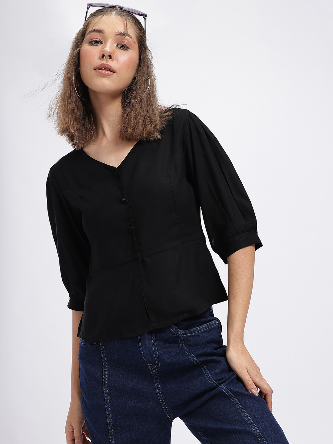 glitchez Slit V-Neck A-line Top