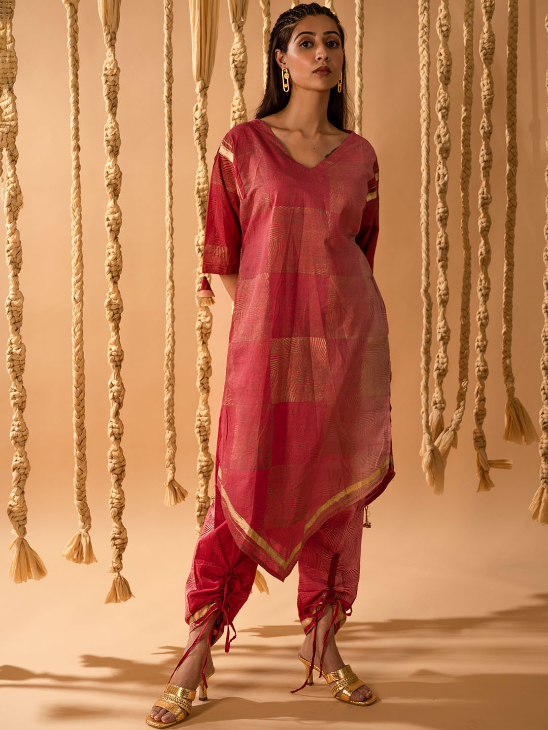 Banana Labs Checked V-Neck Pure Cotton A-Line Fusion Kurta With Dhoti Pants