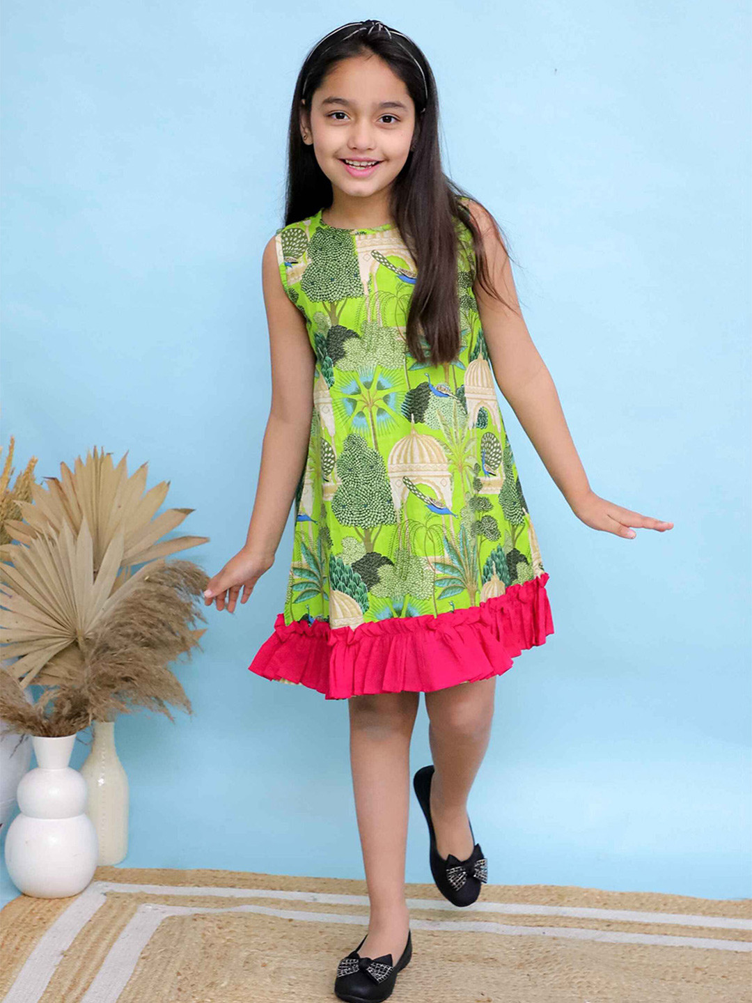 Kalp Girls Floral Print A-Line Sarang Short Dress