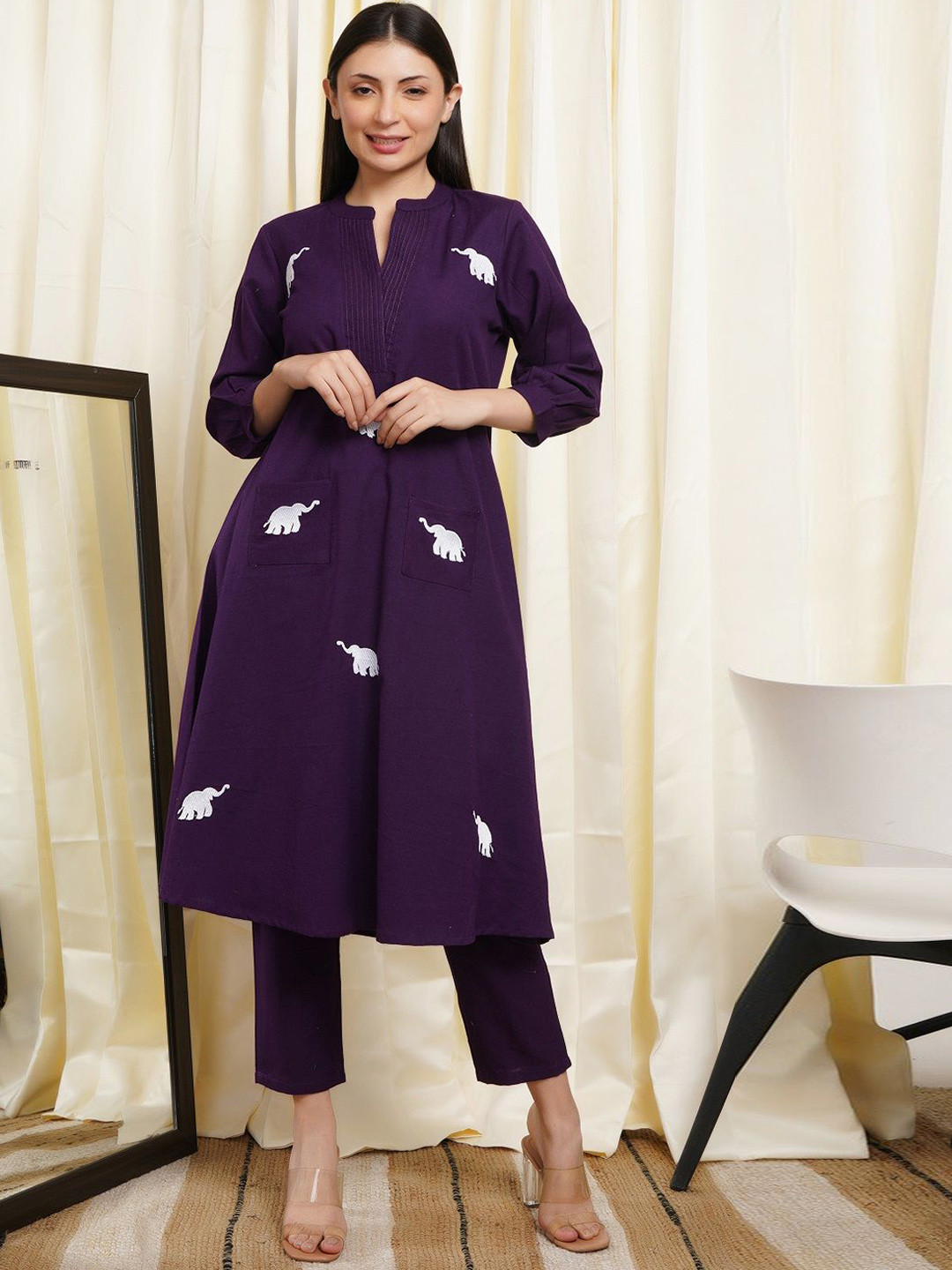 ALLEN WEAVE Women Animal Embroidered Kurta with Trousers