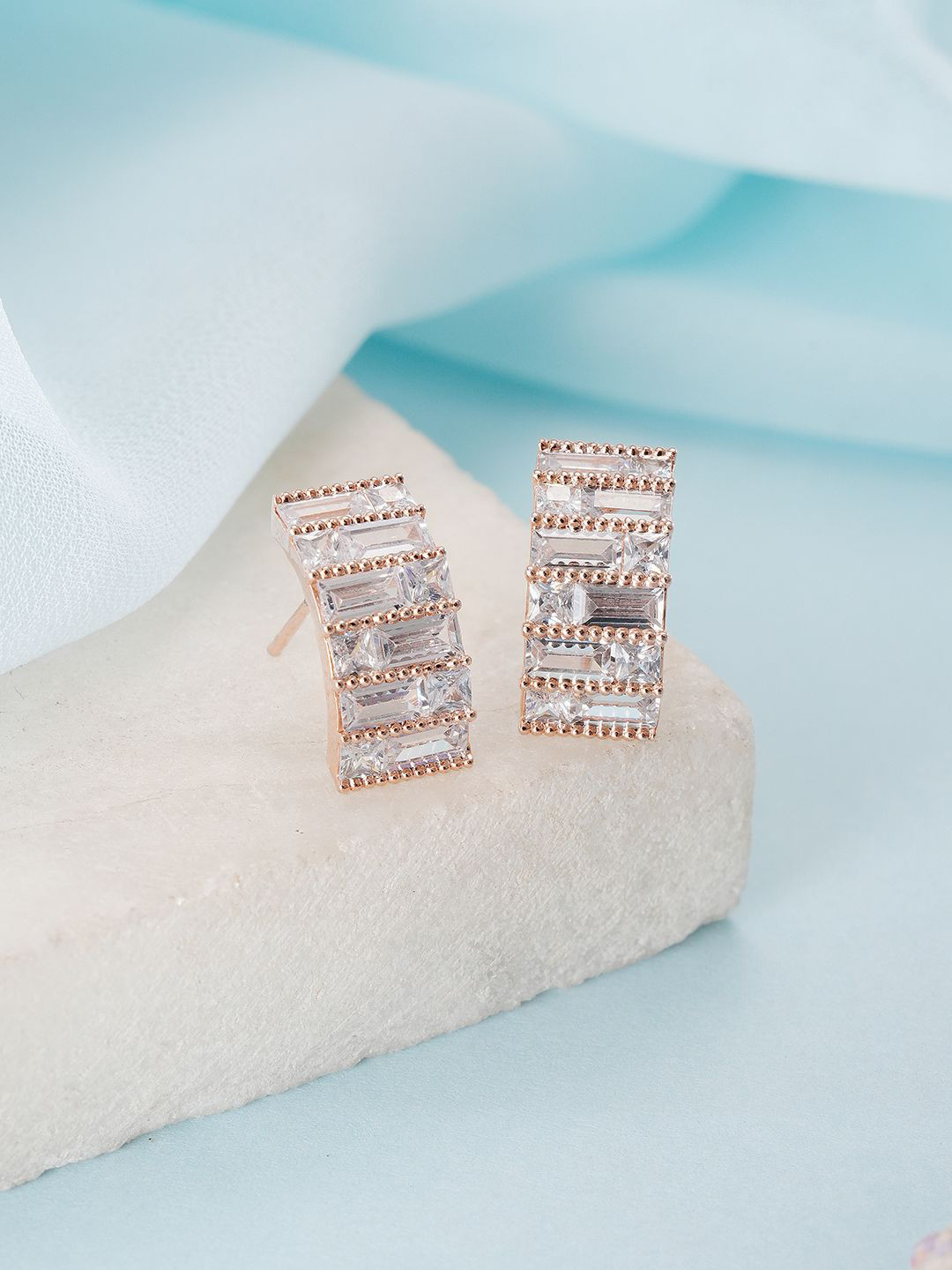 Jazz and Sizzle Rose Gold-Plated CZ Studded Geometric Shaped Half Hoop Earrings