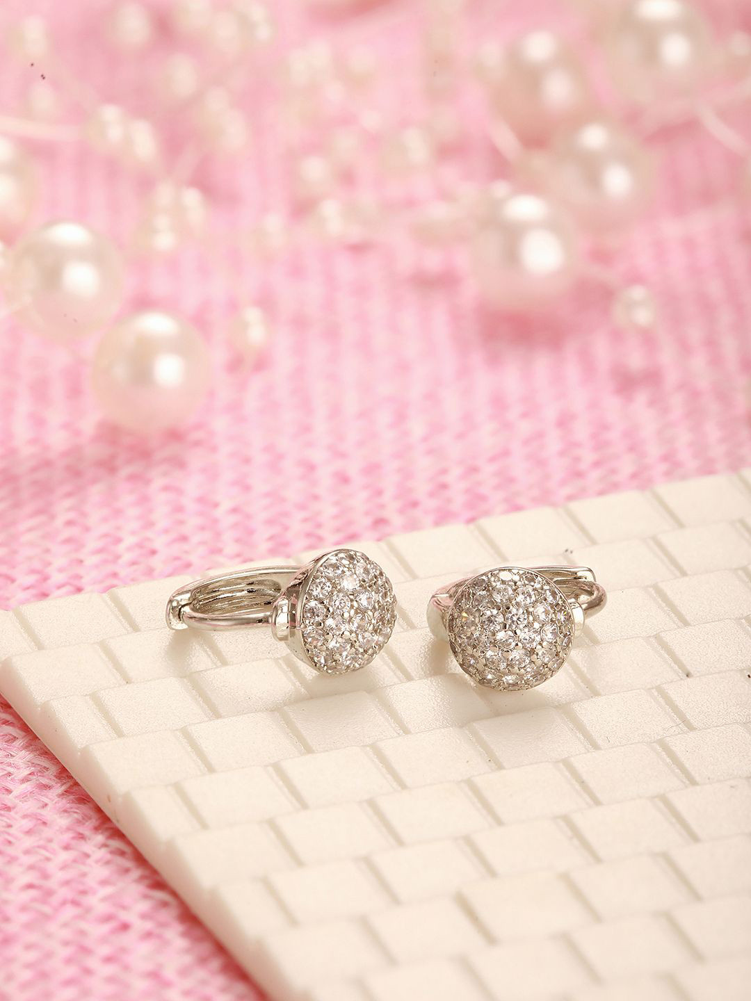 Jazz and Sizzle Rhodium-Plated American Diamond Studded Contemporary Hoop Earrings