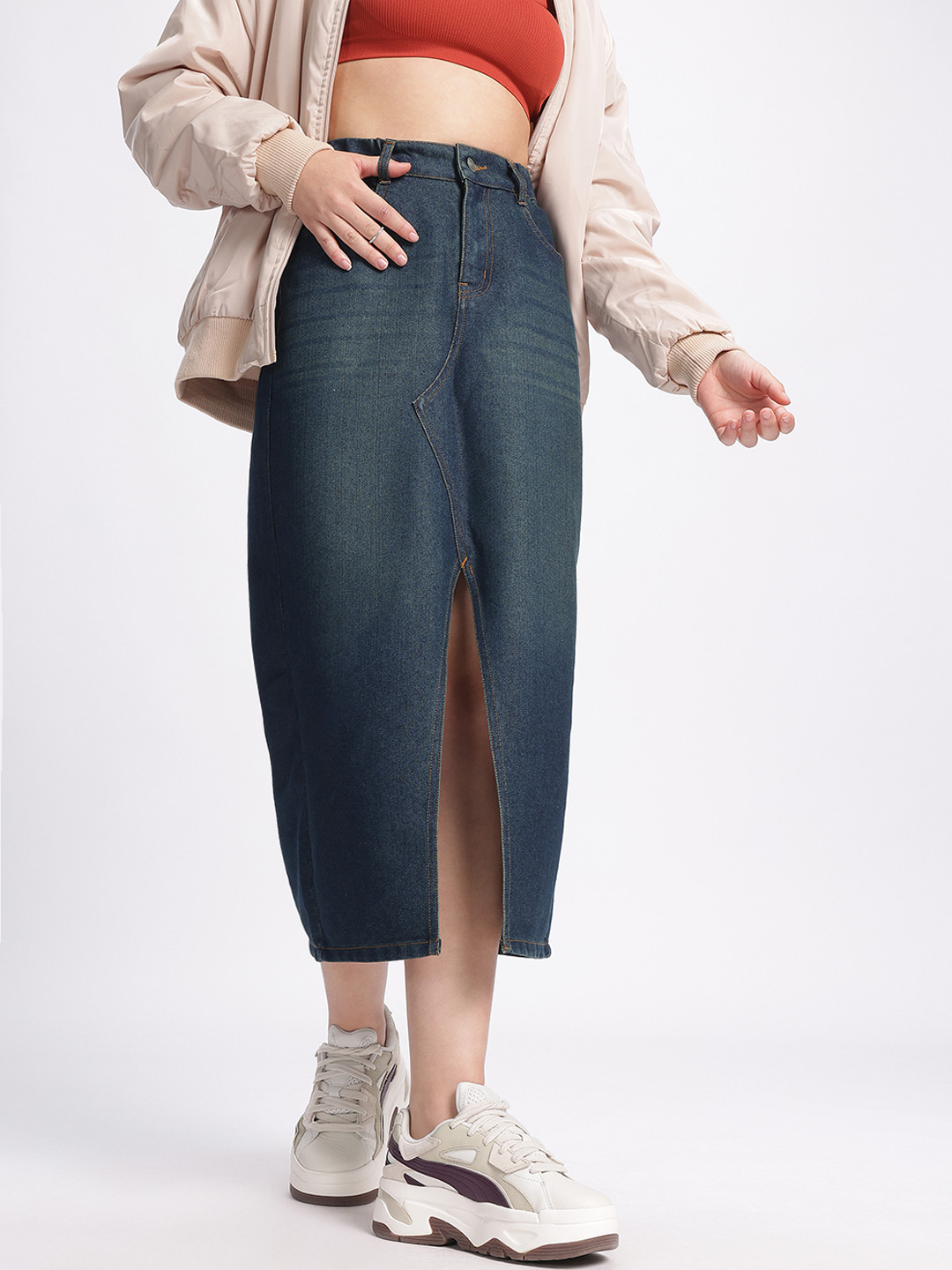 glitchez Midi Front Slit Denim Straight Skirt