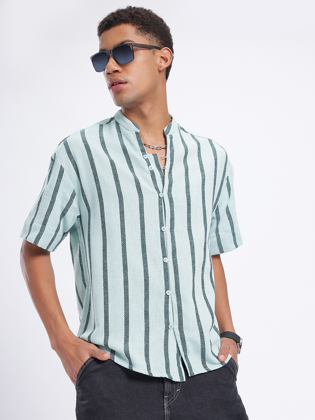 glitchez Tweed Striped Relaxed Fit Shirt