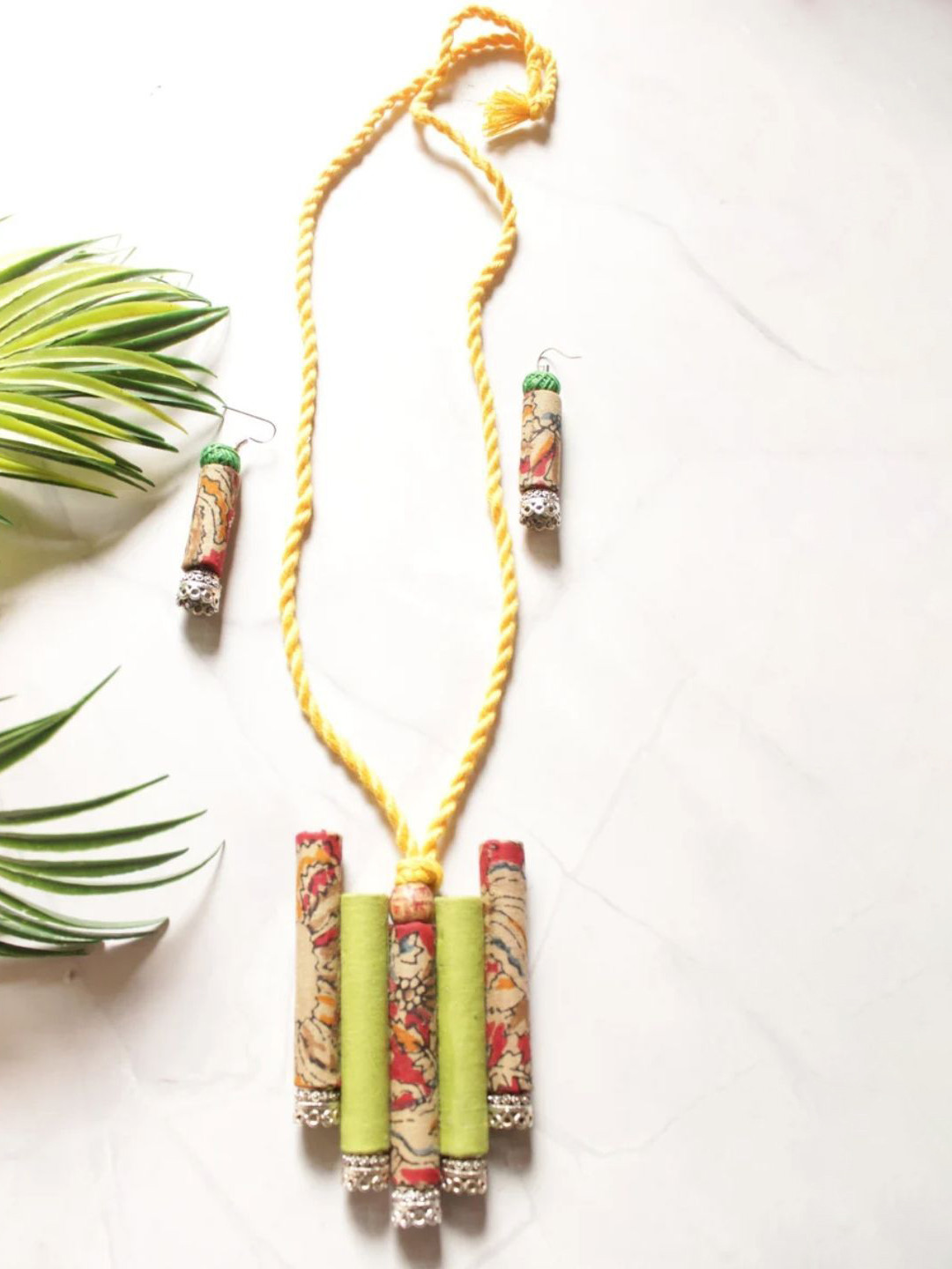 A Local Tribe Kalamkari Fabric & Cotton Fabric Handmade Jewellery Set