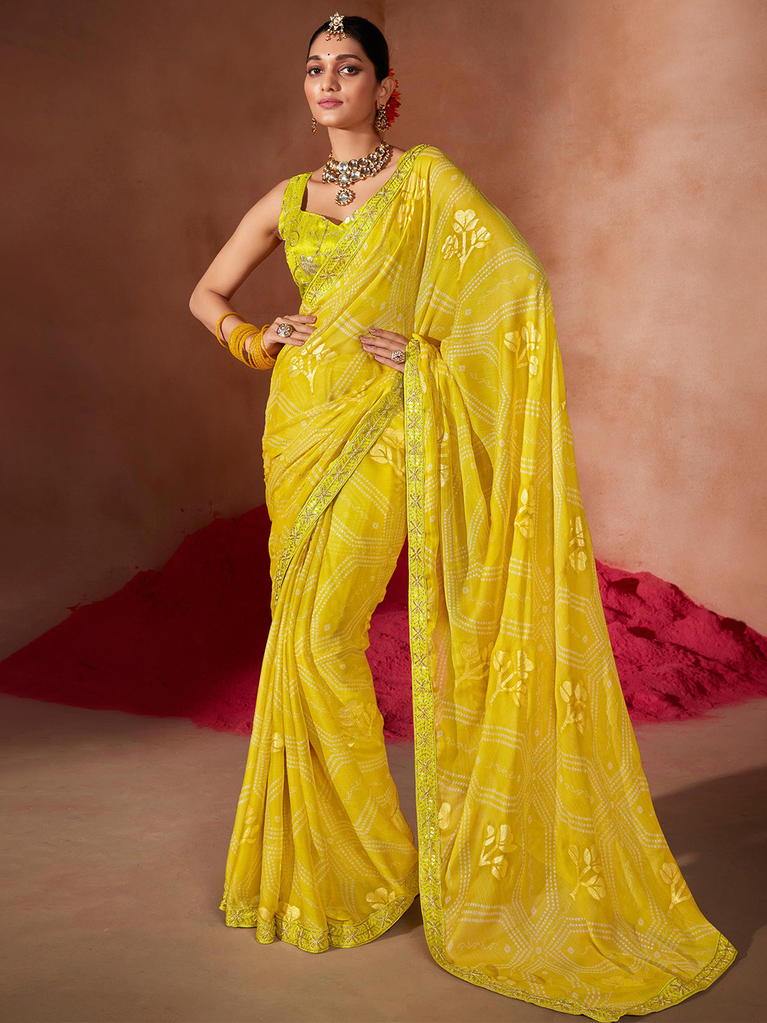 TIRA Bandhani Print Beads and Stones Saree