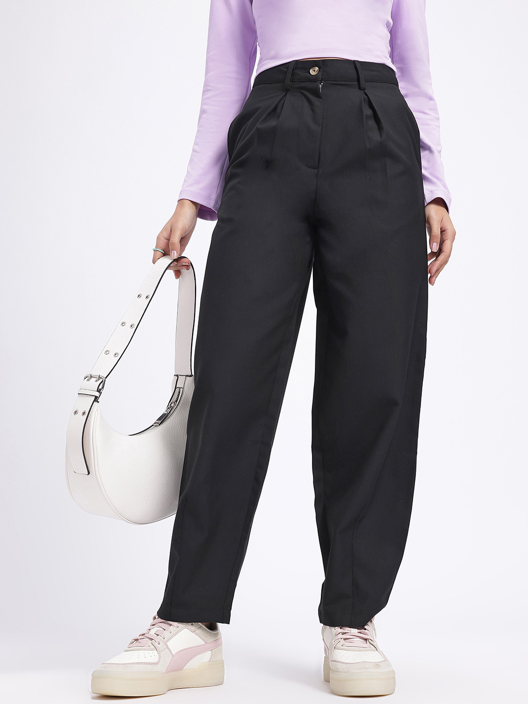 glitchez Women Relaxing Mid-Rise Pleated Detail Trousers