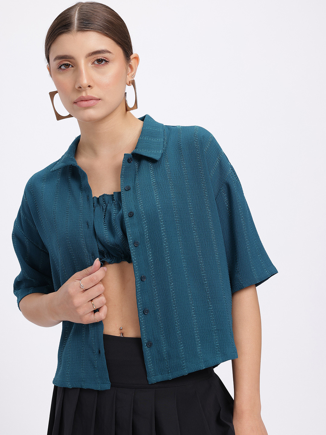 glitchez Self-Striped Ruched Crop Bralette Top & Shirt