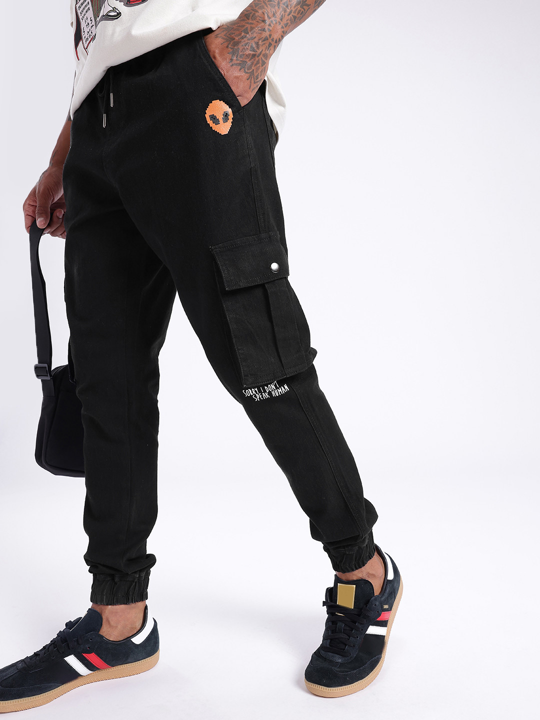 glitchez Men Utility Cargo Jogger Fit Minimal Printed Jeans