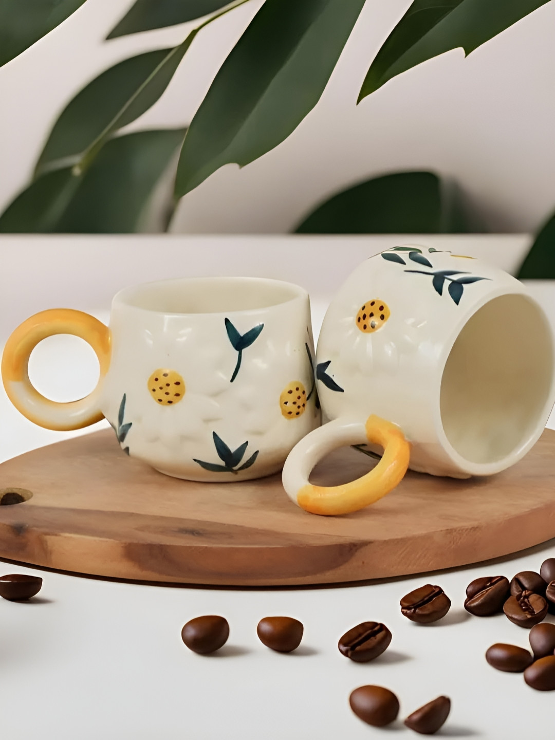 Kraftlik Handicraft Heybeli White Leaf Ceramic Handmade 2 Piece Mugs-250ml