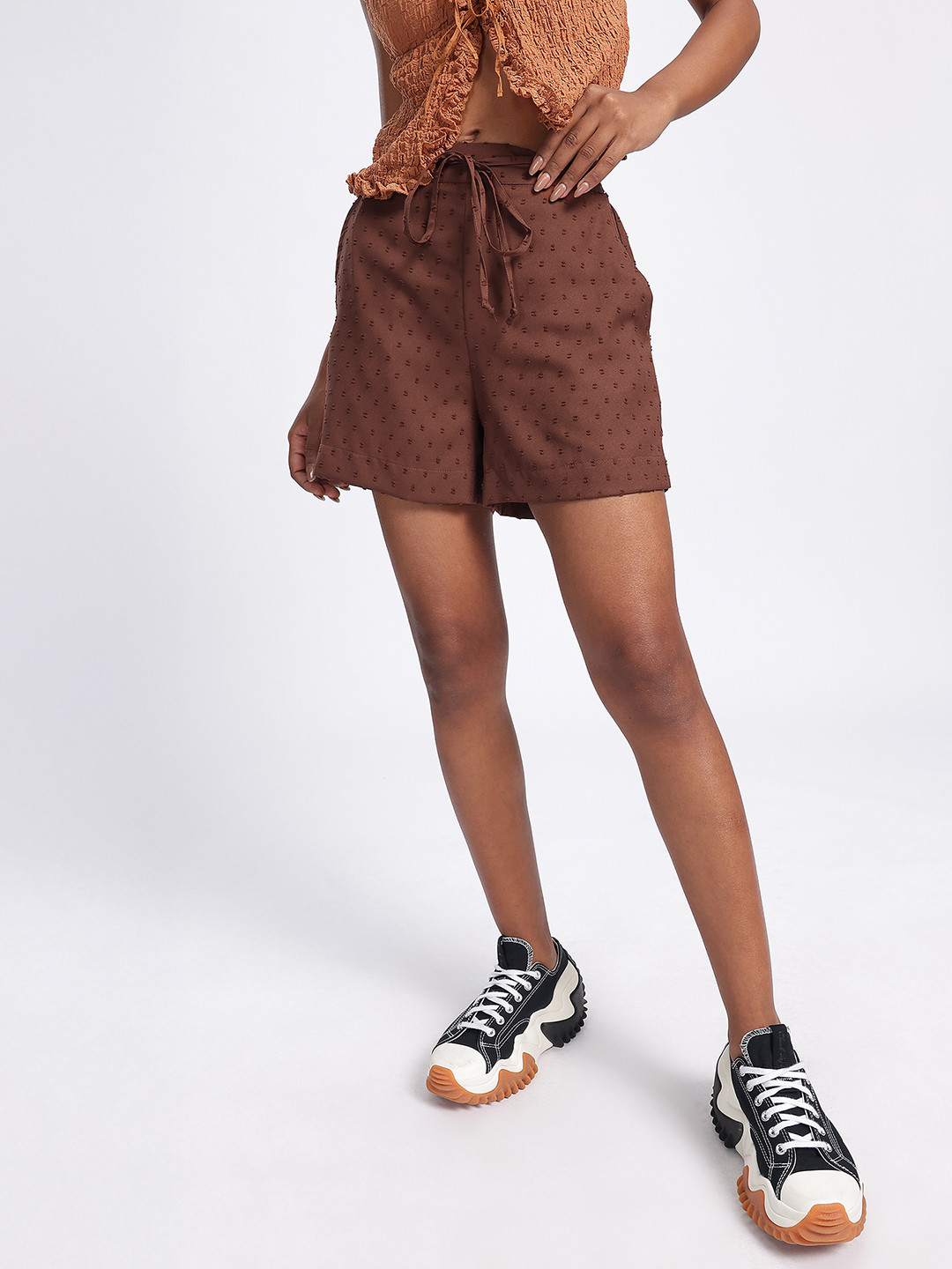 glitchez Self Design High-Rise Relaxed Fit Textured Shorts