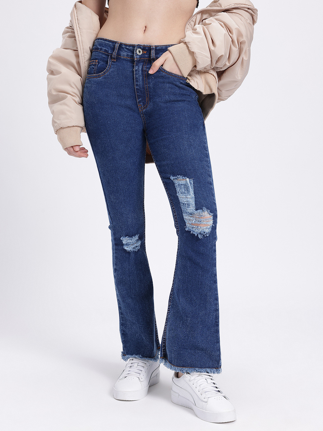 glitchez Women Ripped Bootcut Fit Frayed Jeans