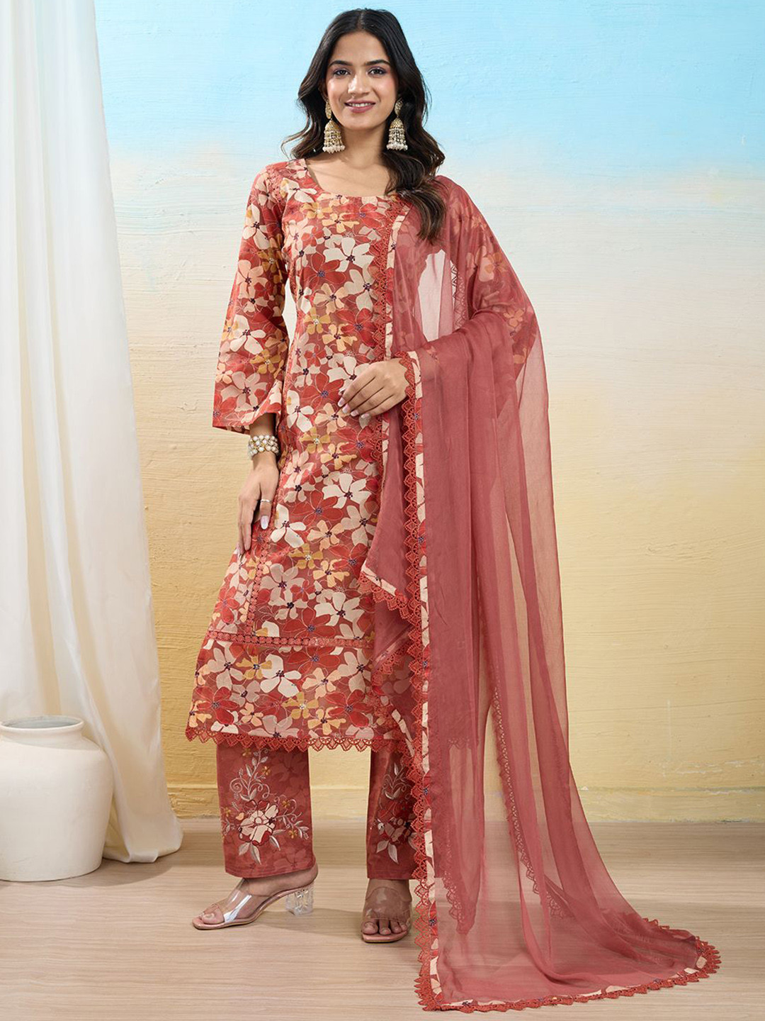 IOLY Floral Printed Round Neck Pure Cotton Kurta With Pyjamas & Dupatta
