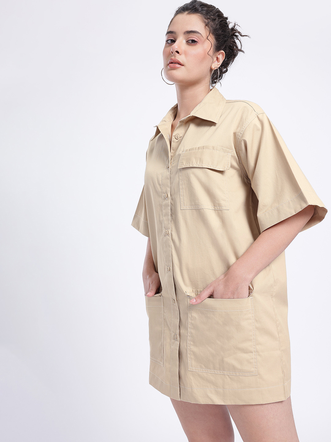 glitchez Flap Pockets Boxy Mini Shirt Dress
