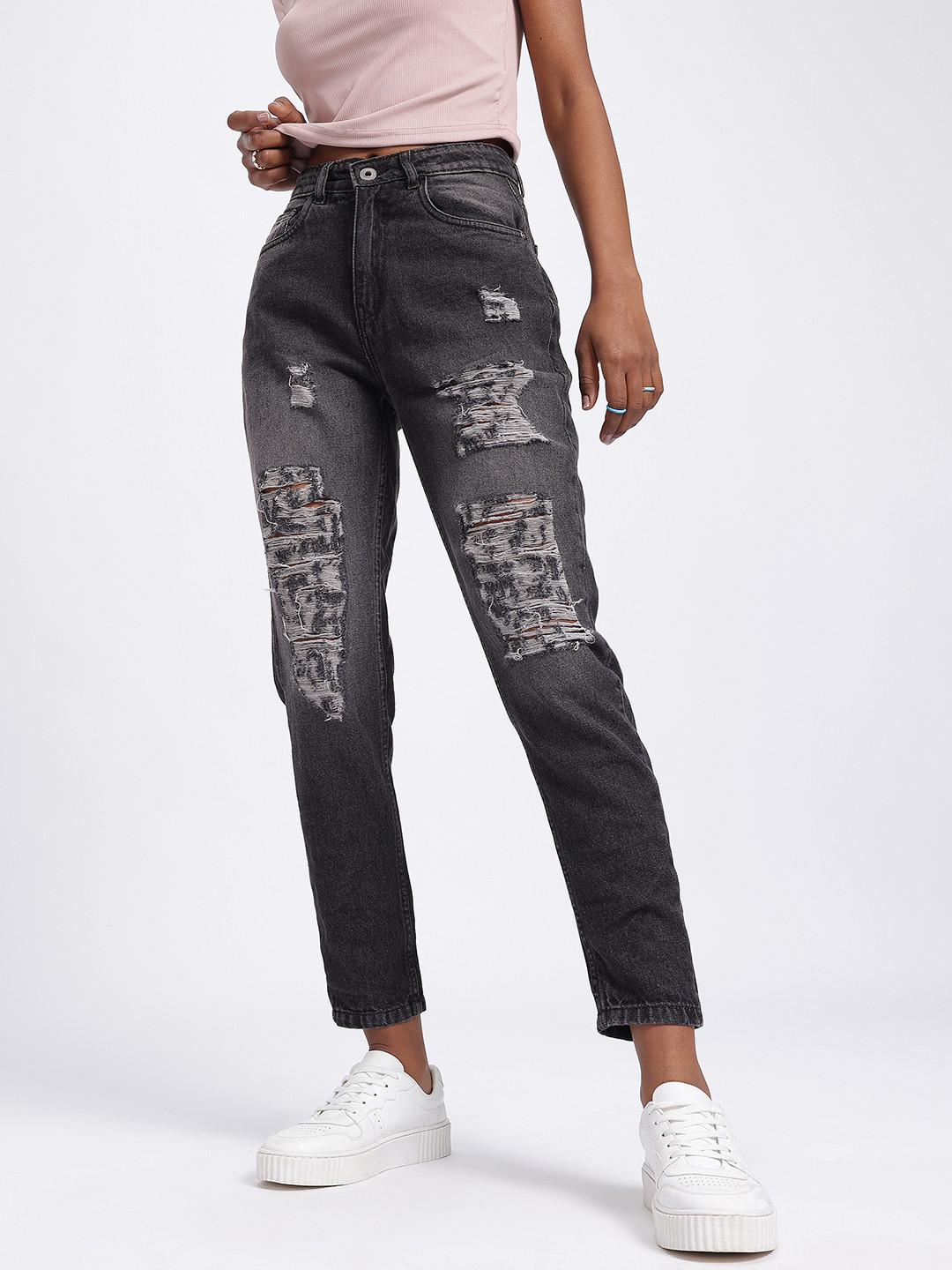 glitchez Women Cropped Highly Distressed Mom Jeans