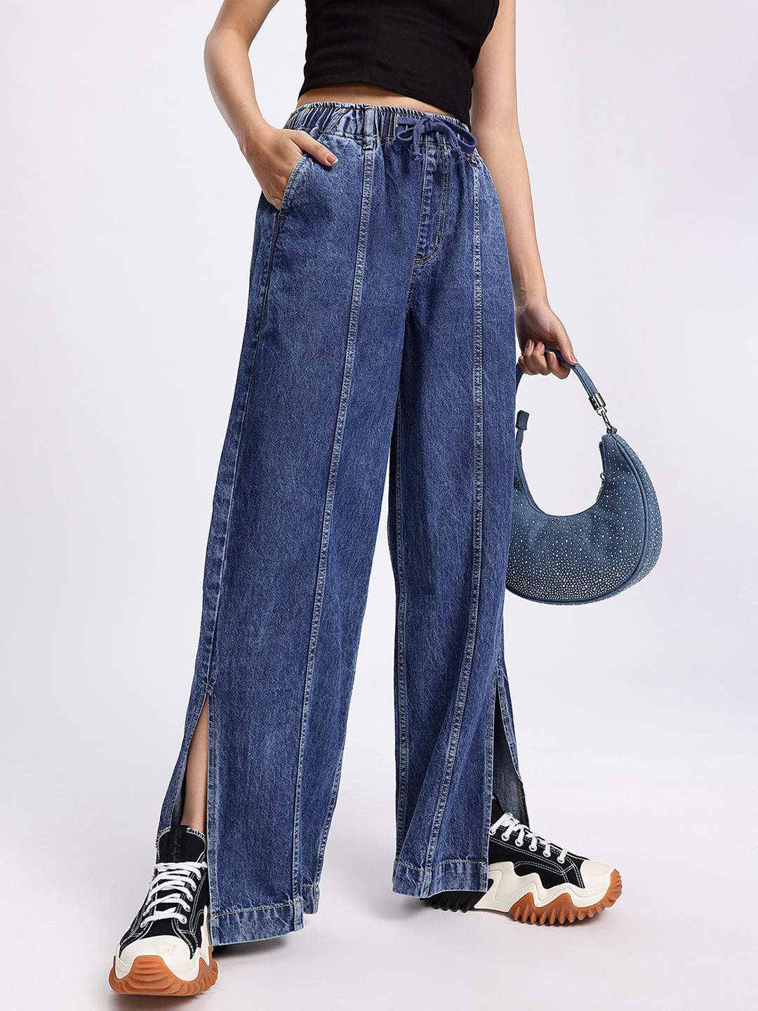 glitchez Women Mid-Rise Parachute Wide Leg Jeans with Slits