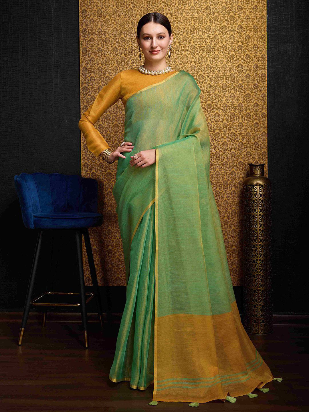 Ishin Linen Zari Border Festive Wear Saree