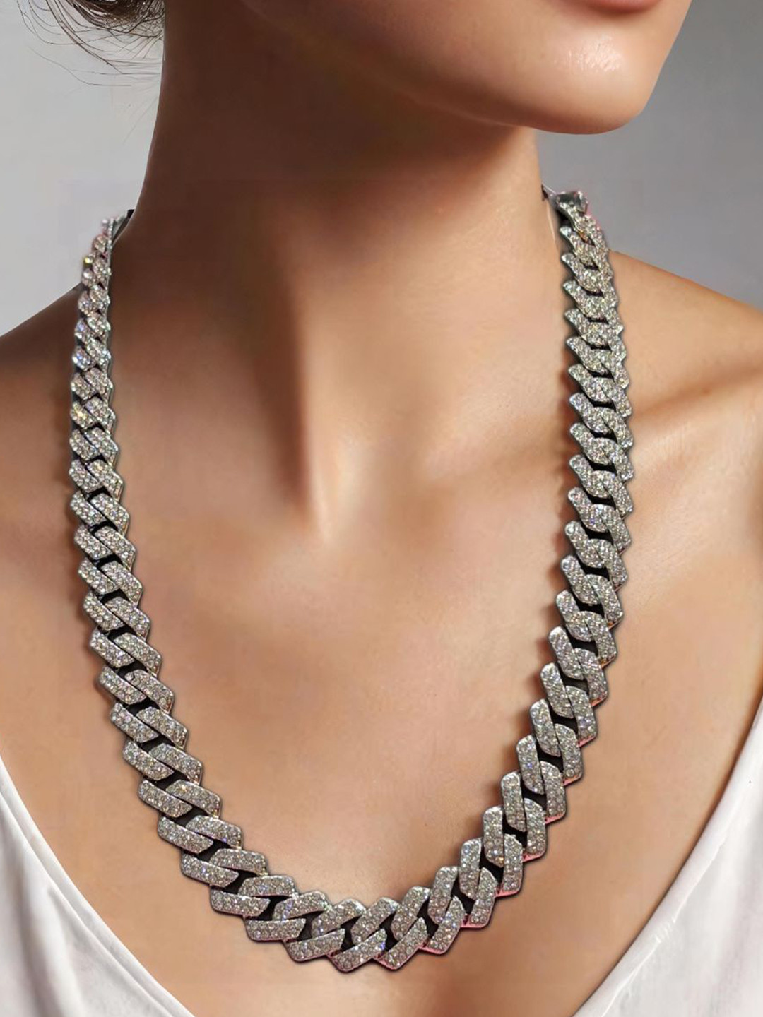 ADC SHEMONA Silver-Plated Zircon Studded Cuban link Chain