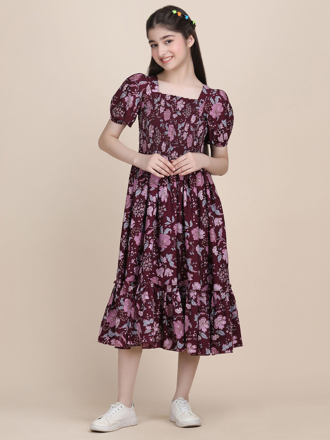 PaheliRani Floral Self Design Square Neck Puff Sleeve Fit & Flare Dress