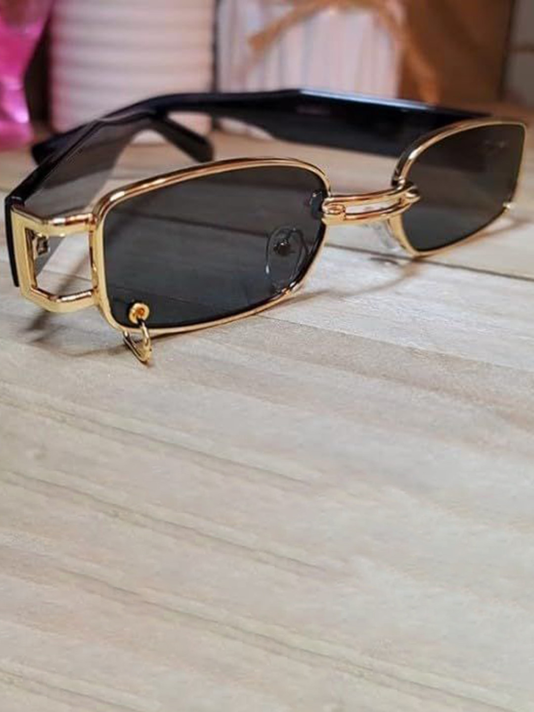 SPADEACES Men Rectangle Sunglasses Ring Gold Black