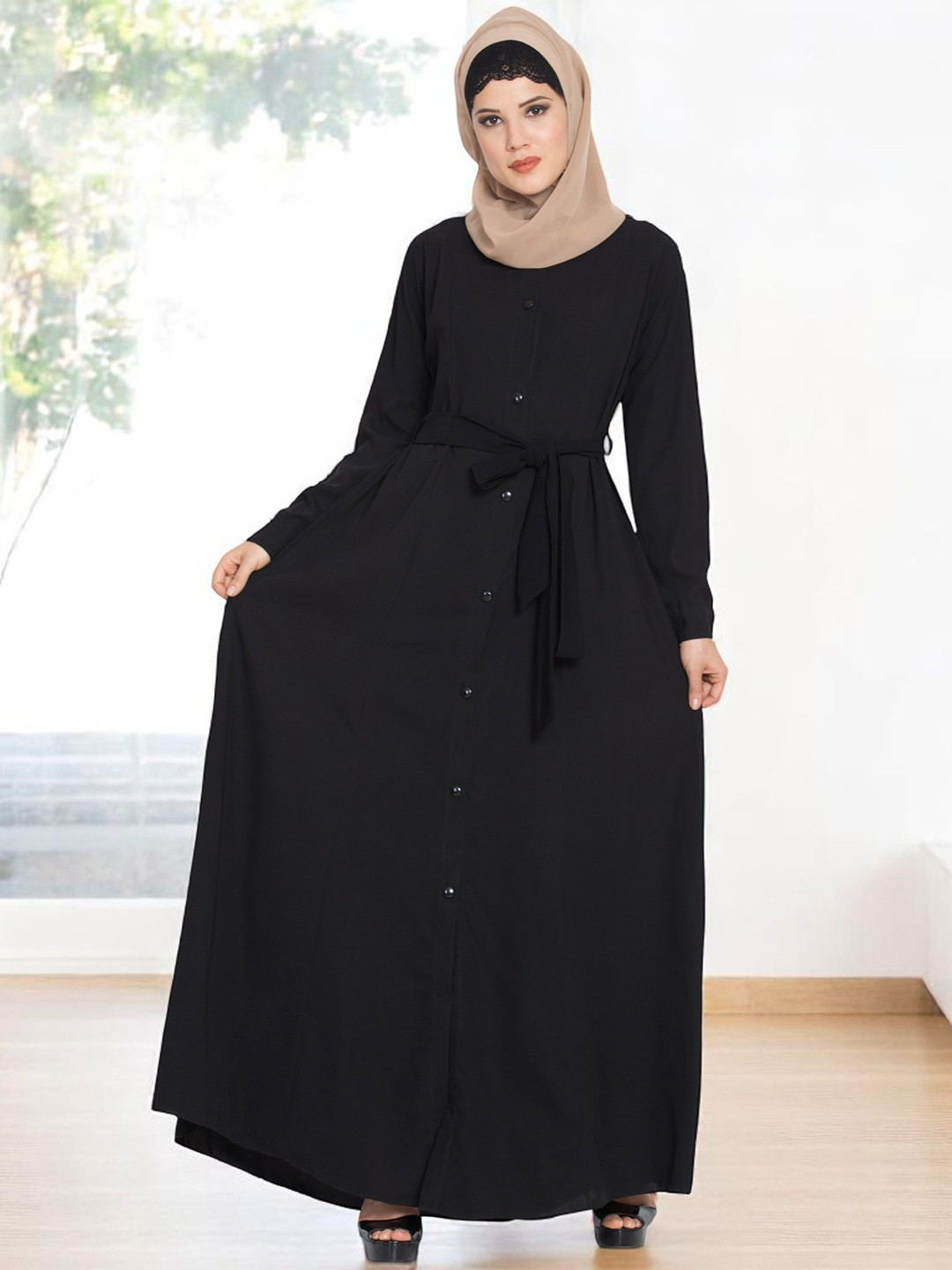 BASHARIYA Front-Open Abaya & Belt With Box Pleats