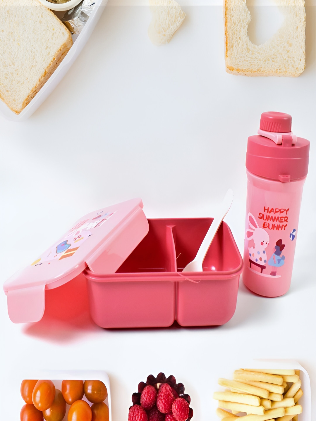 DeoDap 12130_pla Conversational Plastic Easy to Clean 4PCs Lunch Box With Spoon and Fork