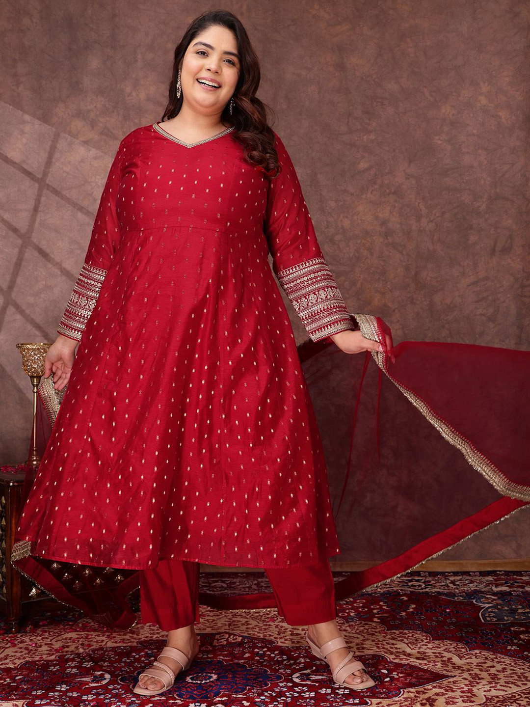 INDDUS PLUS Woven Design V Neck A Line Chanderi Silk Kurta With Trousers & Dupatta