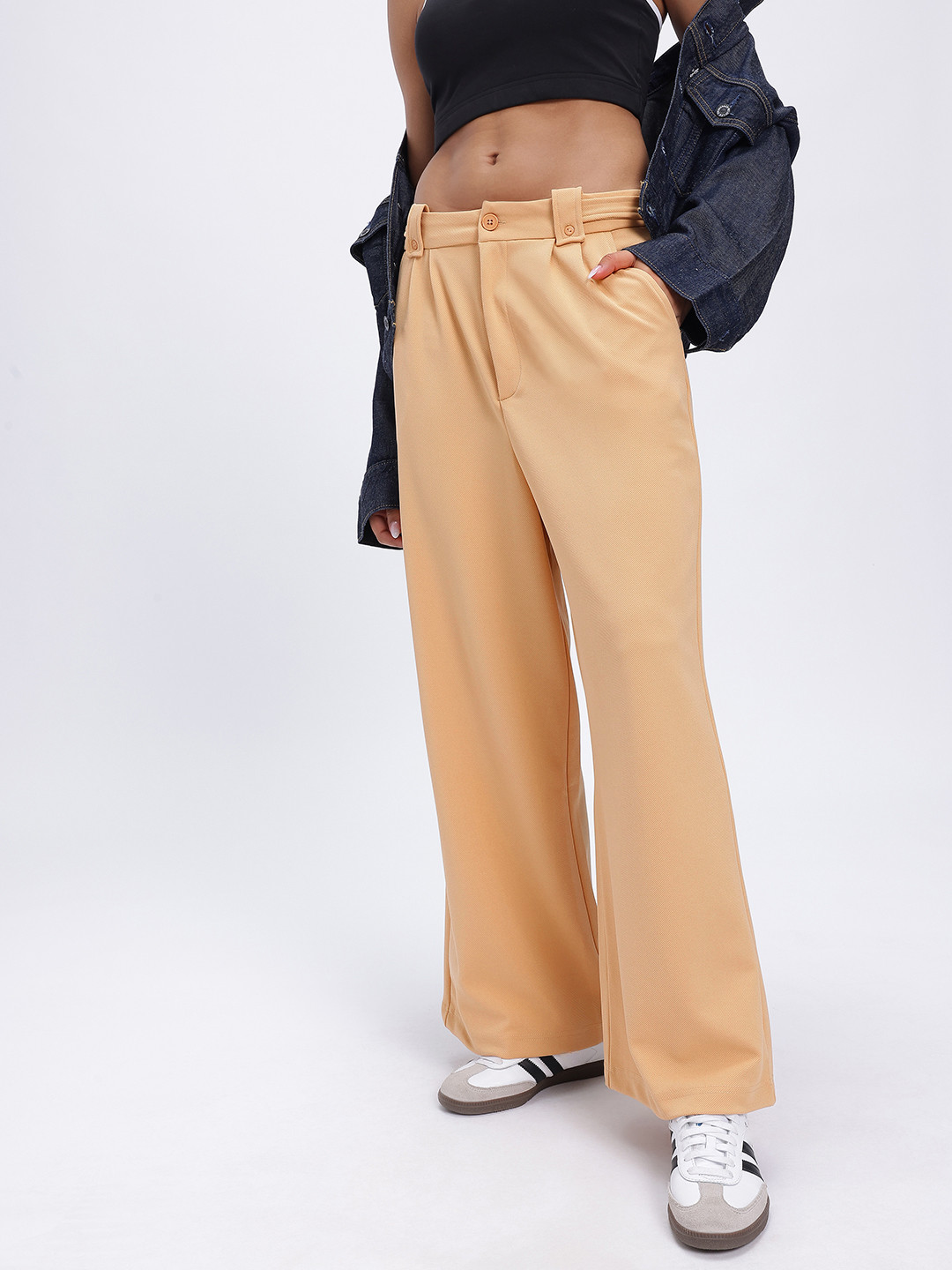 glitchez Women Khaki Wide Leg Relaxed Fit Trousers