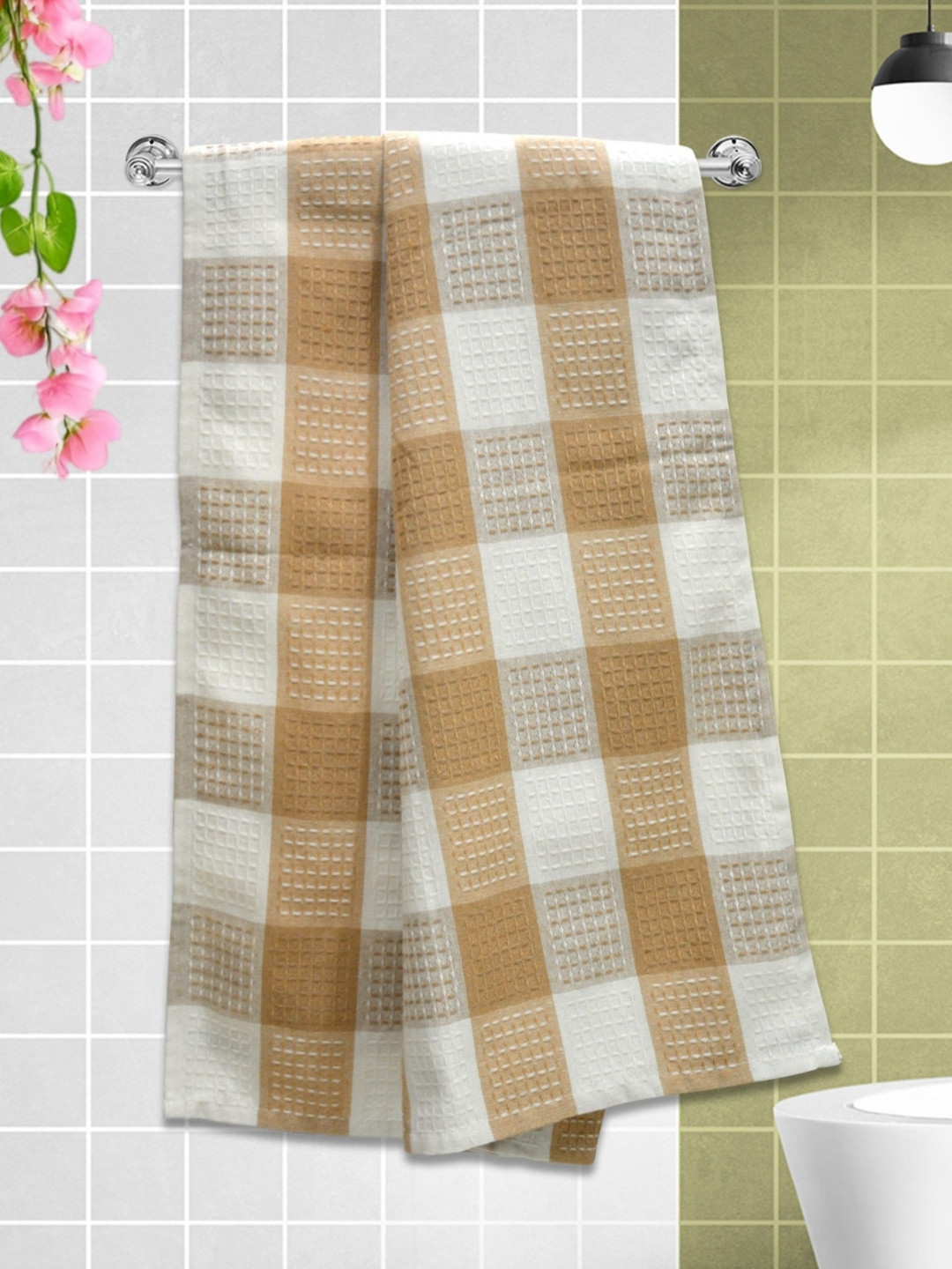 Athom Living Beige & Khaki Printed Cotton 210 GSM Bath Towel