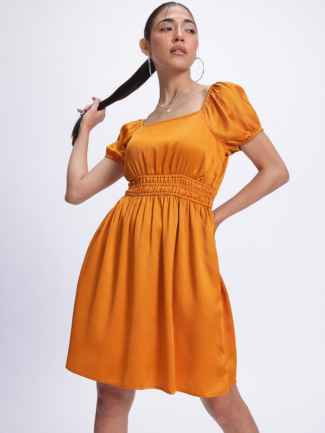 glitchez Crinkle Satin-Finish Smocked A-Line Dress