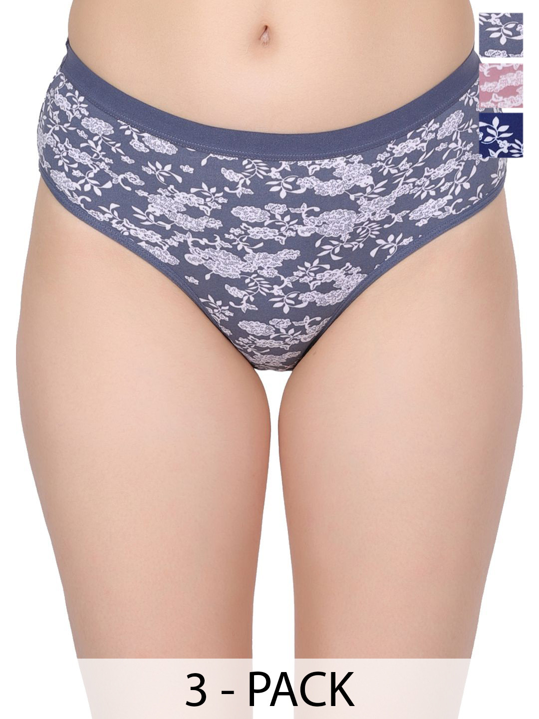 Amour Secret Pack Of 3 Floral Printed Mid Rise Hipster BriefsP2012A_Dblu_Gry_Rbn_S