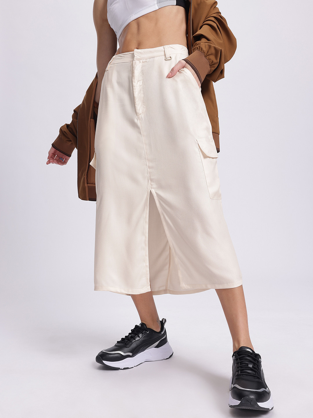 glitchez Front Slit Twill Midi Cargo Style Skirt