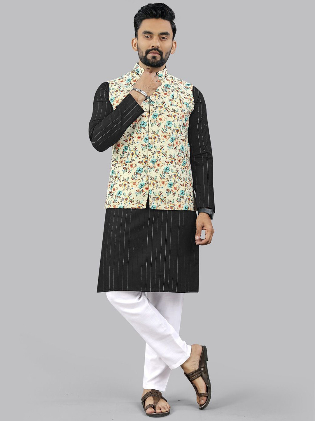 Leipzig Fashion Men Striped Regular Kurta with Pyjamas Comes with Nehru Jacket