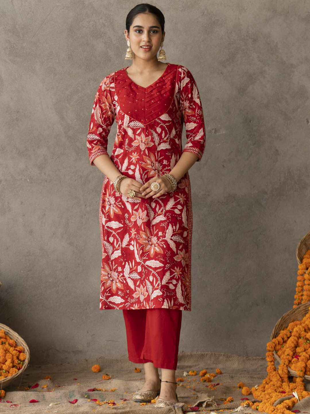 AKISO Women Red Pintuck Detail Straight Fit Kurta With Straight Pants