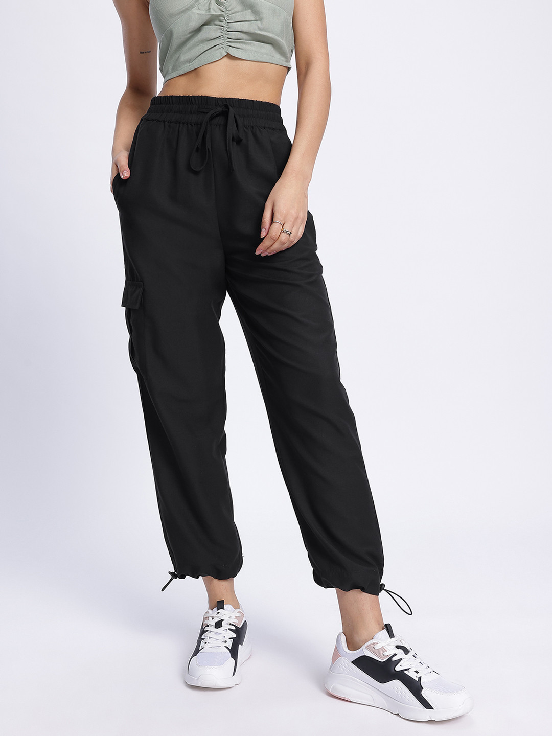 glitchez Women High-Rise Crop Parachute Regular Fit Trousers with Toggle Hemline