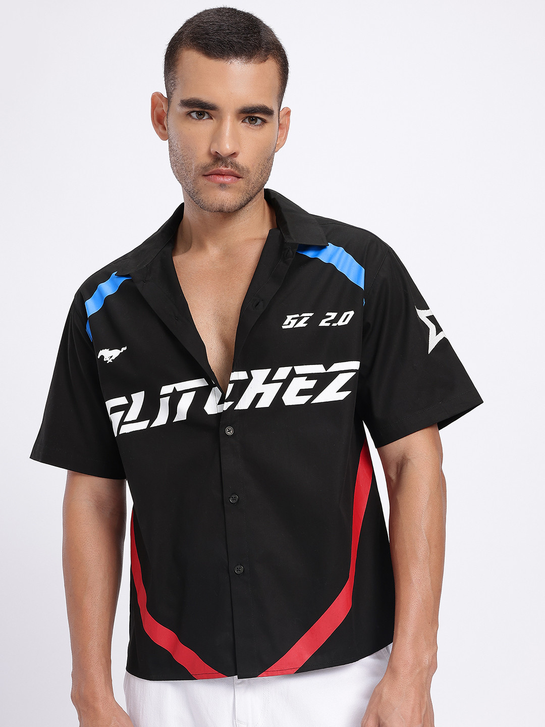 glitchez Brand Logo Print Drop-Sleeves Pure Cotton Relaxed Fit Shirt