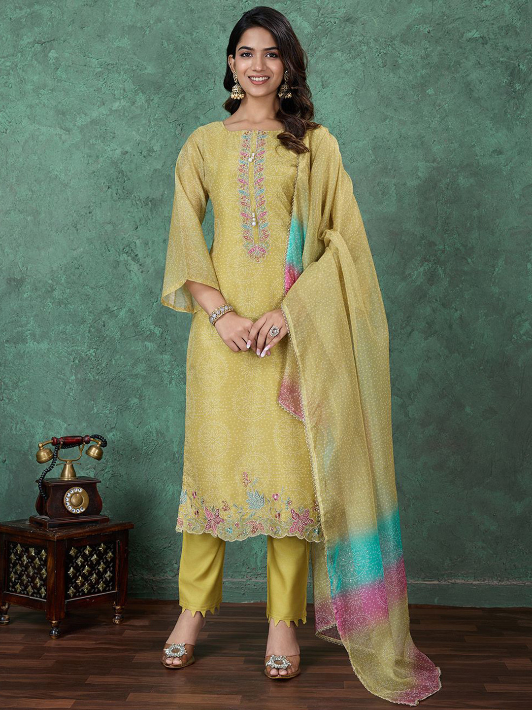 IOLY Floral Embroidered Thread Work Chanderi Silk Straight Kurta With Trouser And Dupatta